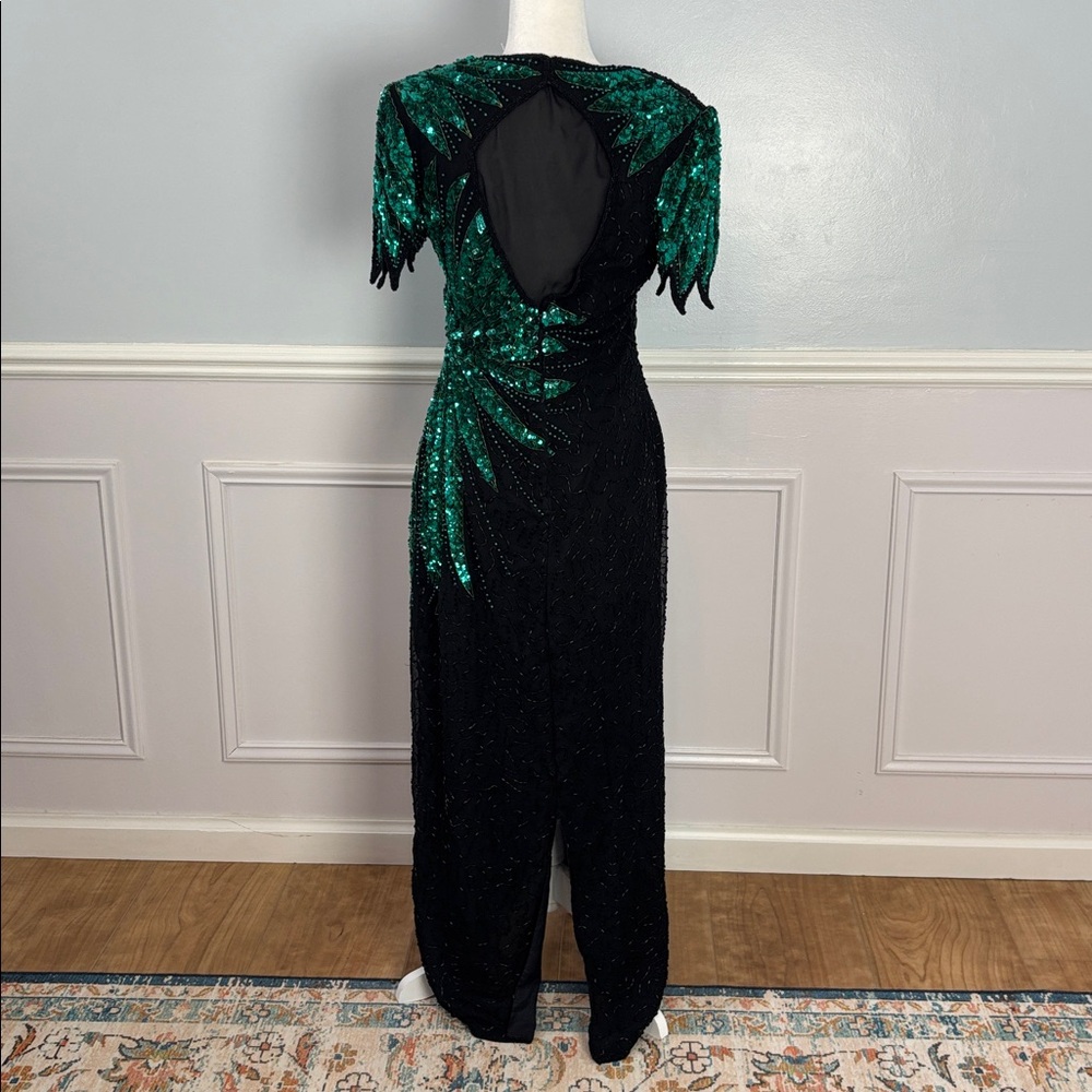 Vintage Carina Black Green Sequin Beaded Dress Size Medium 100% Silk Formal Sz M - Picture 7 of 15